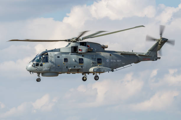 Royal Navy EH-101 Merlin HM1 ZH839 helicopter arrival for RIAT Royal International Air Tattoo 2018 airshow 2018: Royal Navy EH-101 Merlin HM1 ZH839 helicopter arrival for RIAT Royal International Air Tattoo 2018 airshow agustawestland stock pictures, royalty-free photos & images