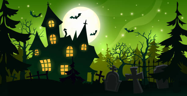 ilustrações, clipart, desenhos animados e ícones de mansão e cemitério assustadores velhos com sepulturas no fundo de uma grande lua e de um céu estrelado verde. - halloween castle cartoon backgrounds