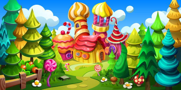 Candy town in a fairy forest. Fantastic world is made of cakes, marmalades, candies and gingerbread. Candy town in a fairy forest. Fantastic world is made of cakes, marmalades, candies and gingerbread. Vector cartoon illustration. hiking snack stock illustrations