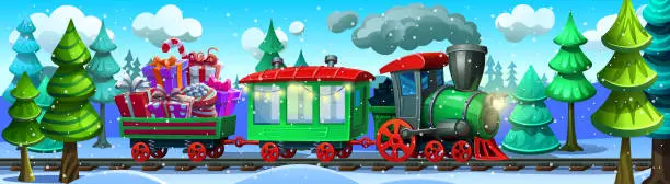 Vector illustration of Christmas train carries gifts in the winter forest.