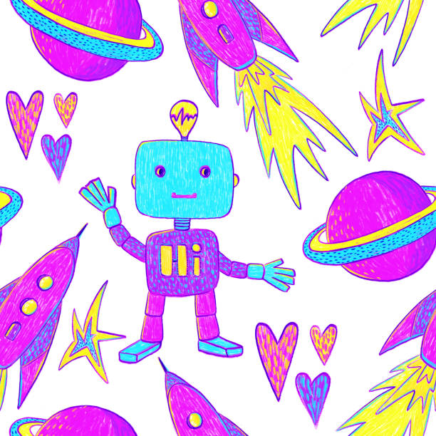 istock Seamless pattern on the boy wonder theme with robots, planets, rockets, hearts, stars 1188460454