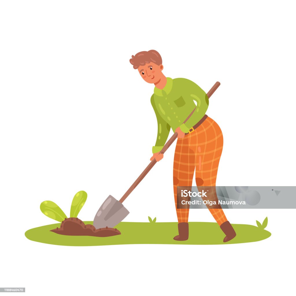 Farmer Digging With A Big Shovel In The Garden Vector Illustration In Flat  Cartoon Style Stock Illustration - Download Image Now - iStock