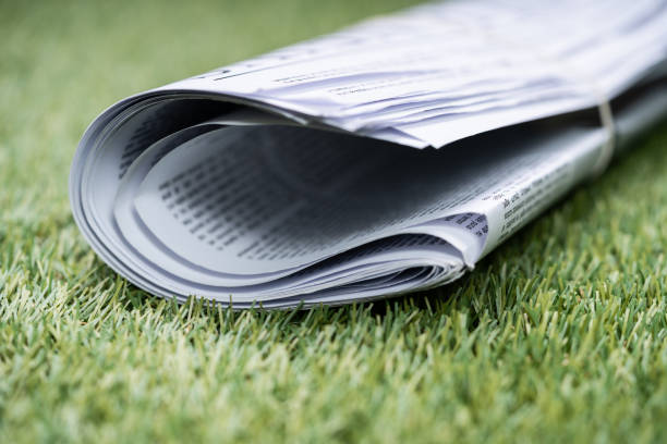 istock Newspapers Tied With Rubber Band On Green Grass 1188462103