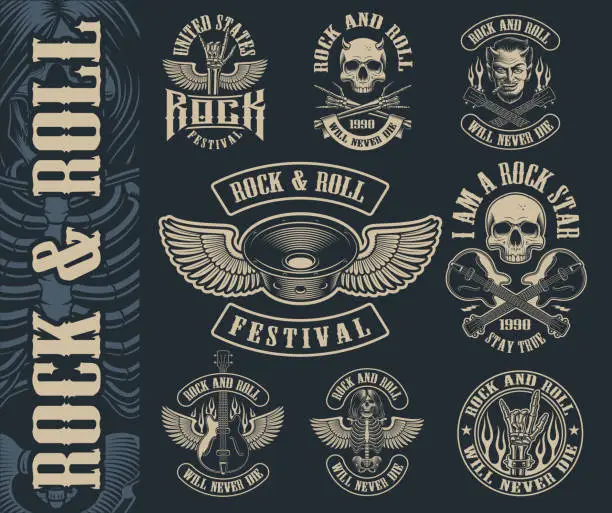 Vector illustration of Big set of vintage rock and roll emblems on dark background.