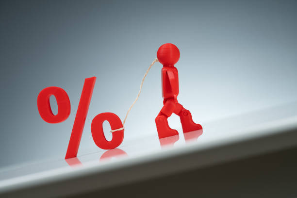 Red Human Figure Pulling Up A Percentage Symbol On A Grey Background