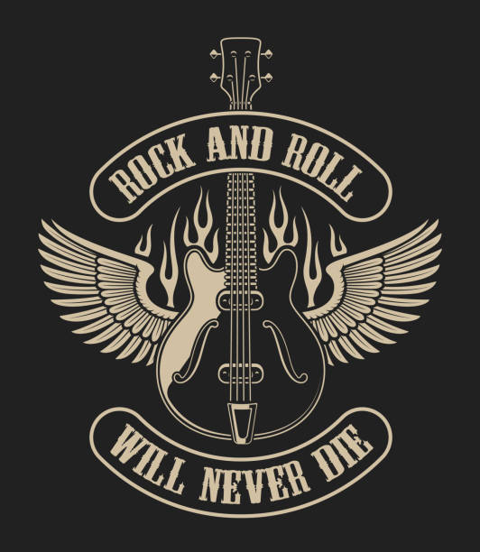 ilustraciones, imágenes clip art, dibujos animados e iconos de stock de ilustración de una guitarra con alas sobre un fondo oscuro - guitarra con alas
