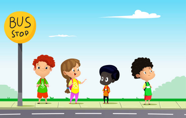 illustrations, cliparts, dessins animés et icônes de enfants attendant l'autobus scolaire. illutration de vecteur de dessin animé - bus child waiting education