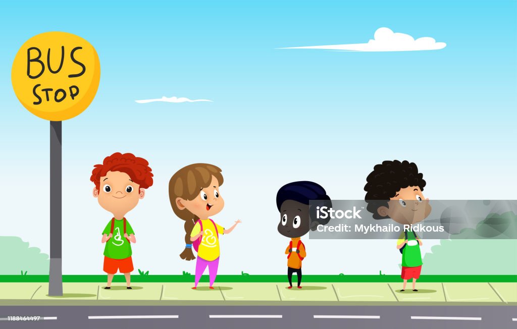Children Waiting For School Bus Cartoon Vector Illutration Stock  Illustration - Download Image Now - iStock