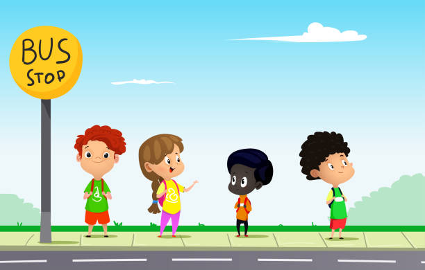 Children waiting for School Bus. Cartoon vector illutration Children waiting for School Bus in sunny day. Cartoon vector illutration funny-school-bus stock illustrations