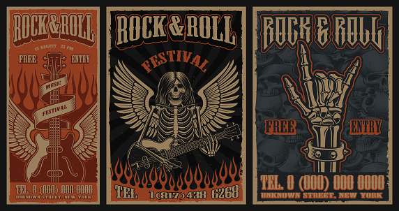 Set of color vintage posters on the theme of rock and roll