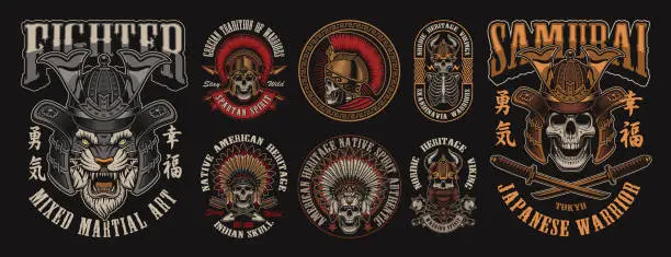 Vector illustration of Set of designs with skulls in different headgear