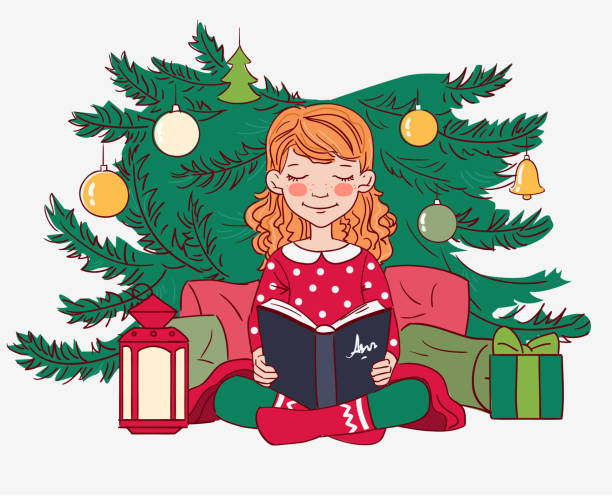 かわいい女の子の読書本。プレゼント付きのクリスマスツリー。明る��い色のクリスマスベクターイラスト - looking surprise portrait white background点のイラスト素材／クリップアート素材／マンガ素材／アイコン素材