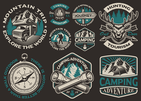 Set of vector black and white logos for the camping theme. Perfect for posters, apparel, T-shirt design and many other. Layered