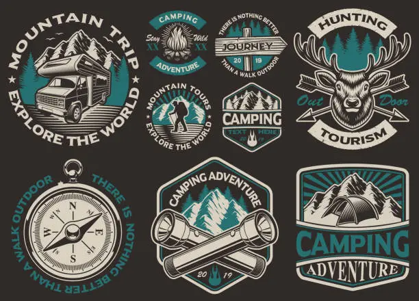 Vector illustration of Set of vector black and white logos for the camping theme