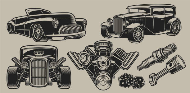 ilustraciones, imágenes clip art, dibujos animados e iconos de stock de conjunto de coches clásicos vectoriales e ilustraciones de piezas - bólido