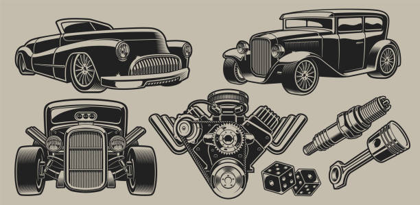 Set of vector classic cars and parts illustrations Set of vector classic cars and parts illustrations in vintage style isolated on the light background. hot rod car stock illustrations