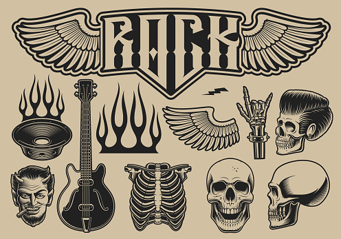 Set of vector illustrations on the theme of rock roll on a light background