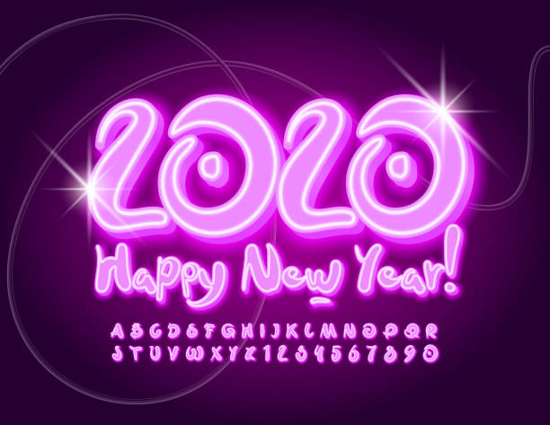 istock Vector chic Greeting Card Happy New Year 2020. Neon Handwritten Alphabet Letters and Numbers 1188467278