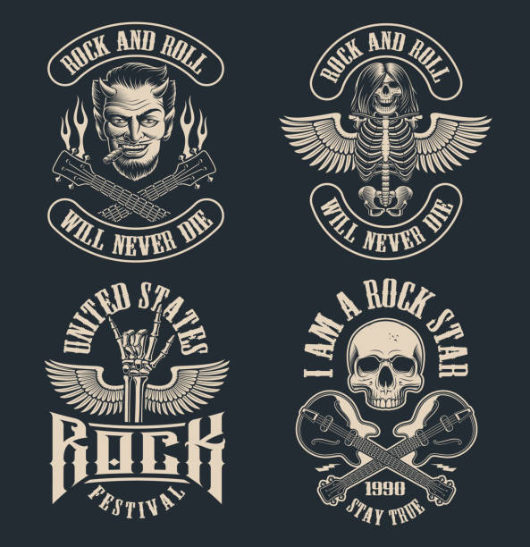 ilustraciones, imágenes clip art, dibujos animados e iconos de stock de conjunto de emblemas vintage de rock and roll - country style