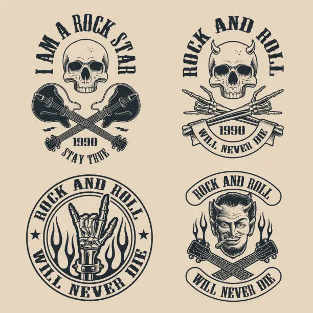 Vector illustration of Set of vintage rock and roll emblems with shull on dark background