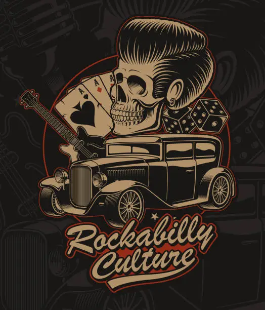 Vector illustration of Vector illustration of a skull with hot rod, guitar in rockabilly style