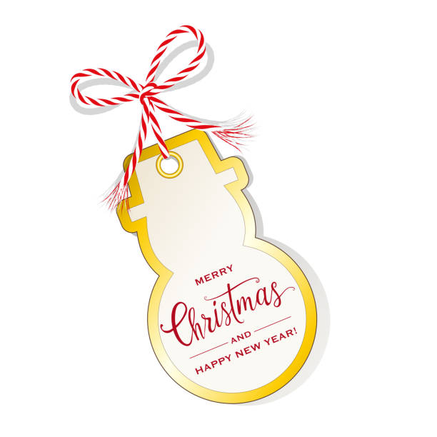 クリスマスカード雪だるま、ギフトラベル、ゴールドリムとリボン弓を持つギフトタグ、白い背景に隔離されたベクトルイラスト - bow ribbon gift tag gift card点のイラスト素材／クリップアート素材／マンガ素材／アイコン素材