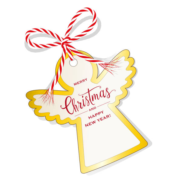 クリスマスカード天使、ギフトラベル、ゴールドリムとリボン弓とギフトタグ、白い背景に隔離されたベクトルイラスト - bow ribbon gift tag gift card点のイラスト素材／クリップアート素材／マンガ素材／アイコン素材