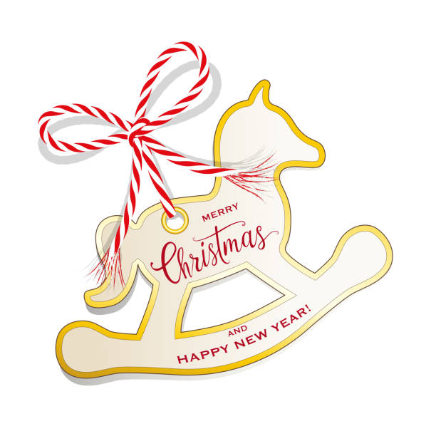 クリスマスカードロッキング馬、ギフトラベル、ゴールドリムとリボン弓とギフトタグ、白い背景に隔離されたベクトルイラスト - bow ribbon gift tag gift card点のイラスト素材／クリップアート素材／マンガ素材／アイコン素材