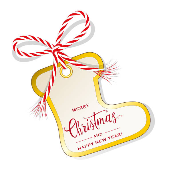 クリスマスカードブーツ、ギフトラベル、ゴールドリムとリボンボウ付きギフトタグ、白い背景に隔離されたベクターイラスト - bow ribbon gift tag gift card点のイラスト素材／クリップアート素材／マンガ素材／アイコン素材