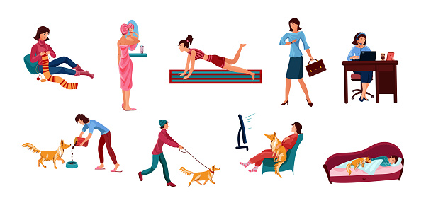Set of isolated hand drawn girls doing everyday things over white background vector illustration. Day of woman concept