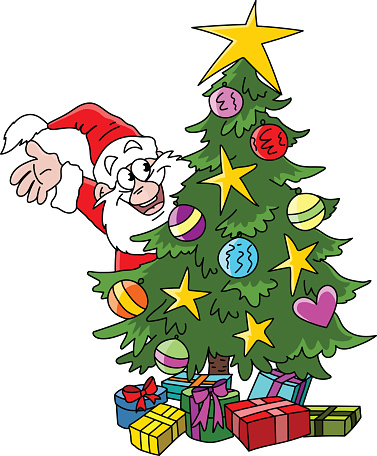 Cartoon Santa Claus Standing Behind A Decorated Christmas Tree Waving His  Hand Smiling Vector Illustration Stock Illustration - Download Image Now -  iStock