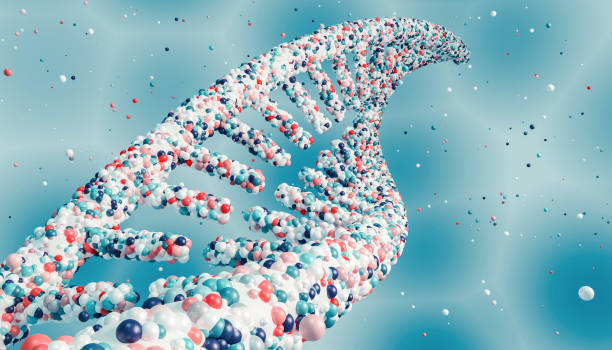 istock Dna strands double helix close-up and colorful particles on blue background and copy space. Medical, biology, microbiology, genetics 3D render illustration concept. Artist vision. 1188477154