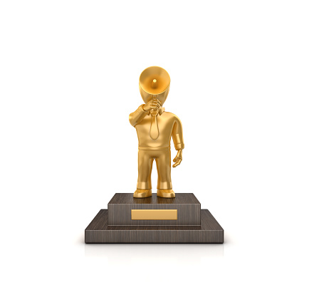 Trophy with Business Character with Megaphone - White Background - 3D Rendering