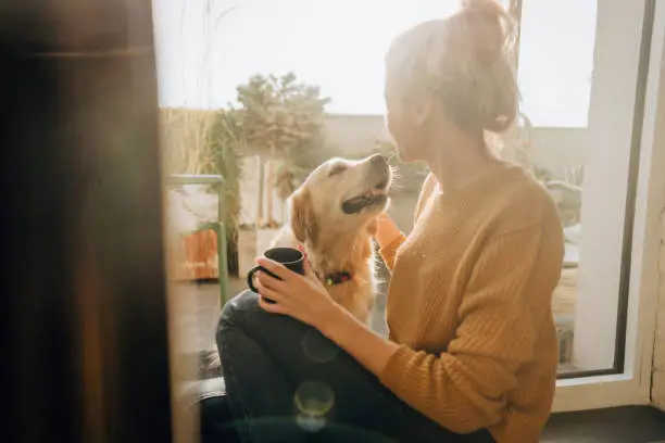 Photo of young woman and her pet enjoying together at home