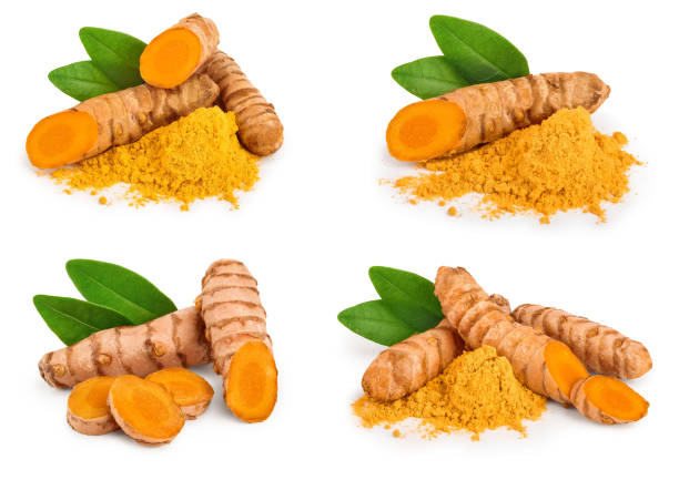 imposta o raccolta polvere di curcuma e radice di curcuma isolate su sfondo bianco con spazio di copia per il testo. vista dall'alto. laici piatti - curcuma foto e immagini stock