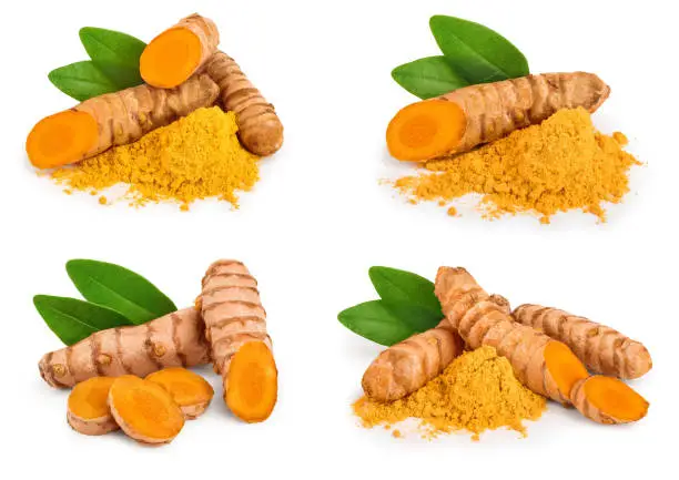 Set or collection turmeric powder and turmeric root isolated on white background with copy space for your text. Top view. Flat lay.