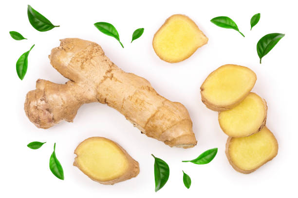 istock fresh Ginger root and slice isolated on white background. Top view. Flat lay 1188479254