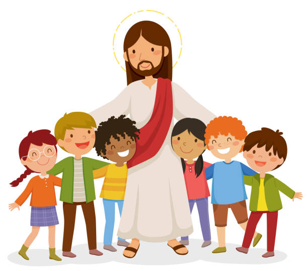 Jesus hugging kids Cartoon Jesus standing and hugging happy kids jesus christ stock illustrations