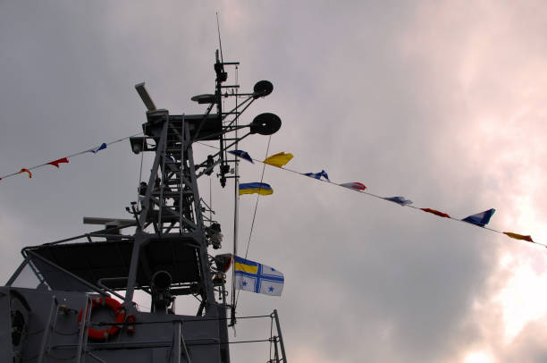 View of a bowsprit of a large wooden sailboat against blue sky