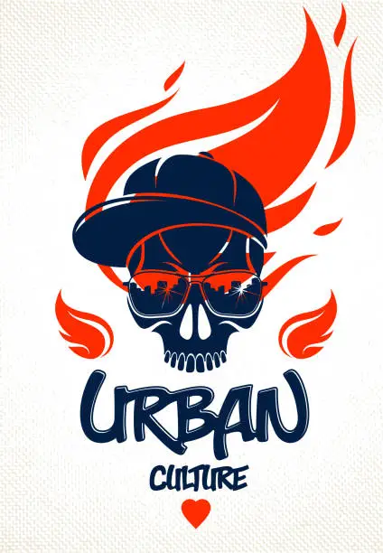 Vector illustration of Urban culture style skull in sunglasses vector logo or emblem, gangster or thug illustration, anarchy chaos hooligan, ghetto theme.