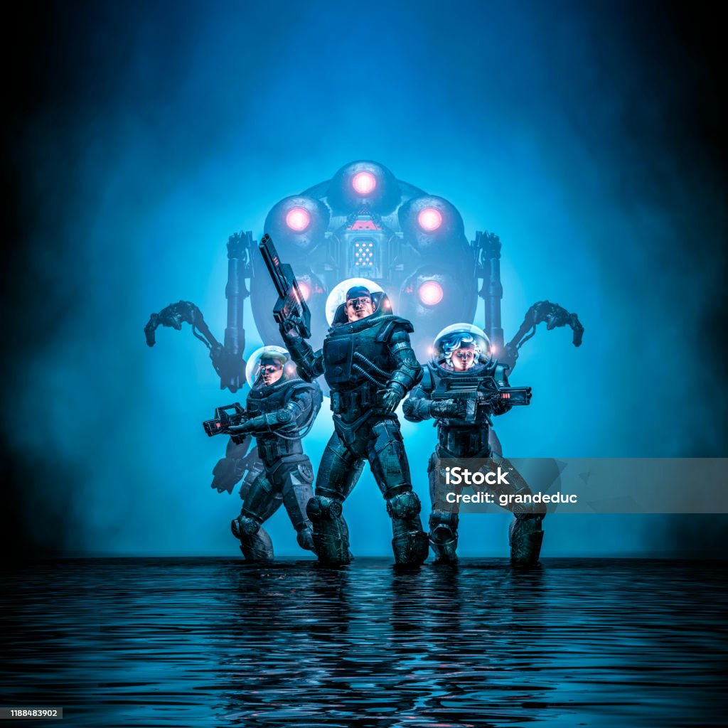 Search party augmented 3D illustration of science fiction scene showing heroic space marine astronauts with robot in dark watery environment Fighting Stock Photo