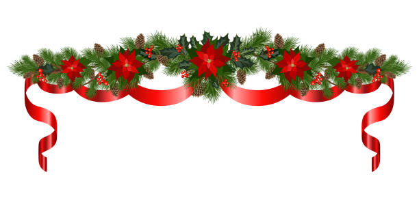 ilustrações, clipart, desenhos animados e ícones de festégua de natal comemorativa - curled up red ribbon white background