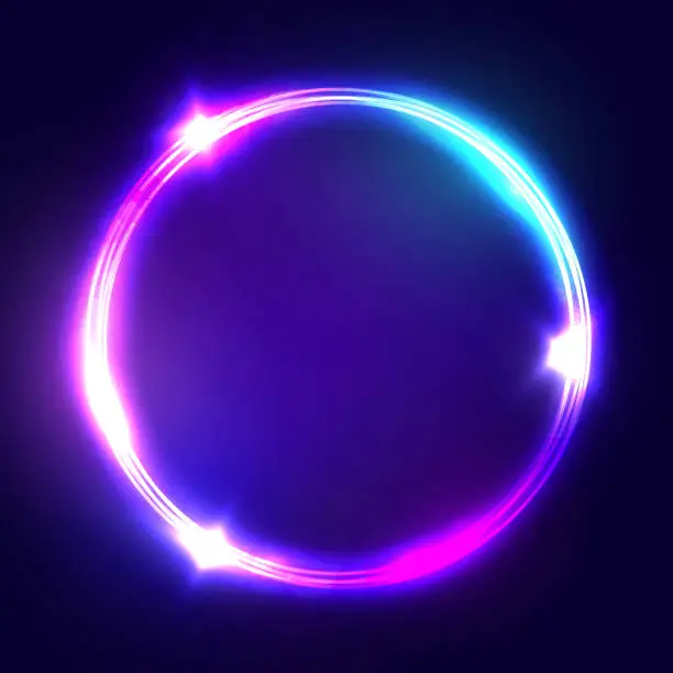 Vector illustration of Neon sign. Round frame with glowing and light. Electric bright 3d circuit banner design on dark blue backdrop. Neon abstract circle background with flares and sparkles. Vintage vector illustration.