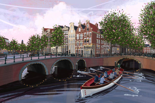 illustrations, cliparts, dessins animés et icônes de amsterdam dans l'illustration de stock des pays-bas - amstel river illustrations