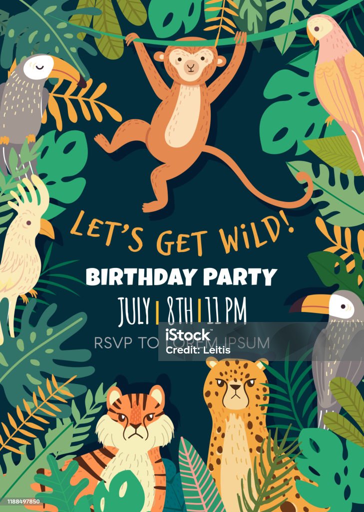 Birthday Invitation With With Tropical Animals And Bird In Jungle Stock Illustration - Download Image Now - iStock Birthday Invitation With With Tropical Animals And Bird In Jungle Stock Illustration - Download Image Now - iStock