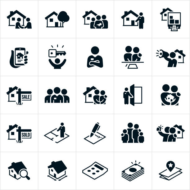 Real Estate Icons A set of residential real estate icons. The icons include the home buying process and include people searching for a new home, a home, home purchase, real estate agent, real estate agreement, a house for sale, a sold house, a family and a house, home search, and cost associated with the buying process. new home stock illustrations