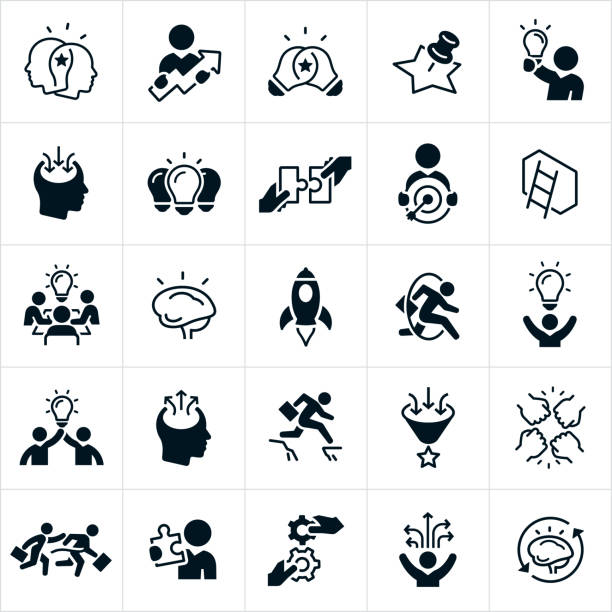 Creativity and Innovation Icons A set of creativity and innovation icons. They include the sharing of ideas and knowledge, light bulbs, a business person holding a lightbulb, a single light bulb lit, two pieces of a puzzle joining, a target with an arrow in the bullseye, a wall with a latter, a human head with ideas coming in as well as a human head with creative ideas going out, a brain, rocket ship, fist bump, person winning a race, cogs and other icons related to the concept of creativity and innovation. changing-light-bulb stock illustrations