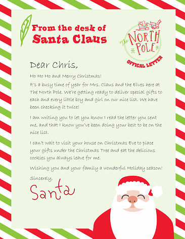Vector illustration of a generic Official Letter From the desk of Santa Claus. Includes written letter and North Pole stamp and cute Santa. Easy to edit. Vector EPS 10.
