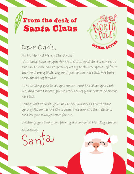 Official Letter From the desk of Santa Claus Vector illustration of a generic Official Letter From the desk of Santa Claus. Includes written letter and North Pole stamp and cute Santa. Easy to edit. Vector EPS 10. santa letter stock illustrations