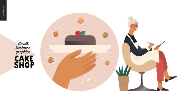 Cake shop - small business graphics - blog icon Cake shop, cakes on demand - small business graphics - blog icon -modern flat vector concept illustrations - a round badge with a slice of cake, the owner wearing apron accepting order filling in form small business owner stock illustrations